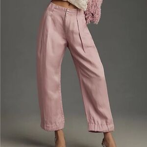 Anthropologie Cinched Hem Pink linen blend wide leg trousers